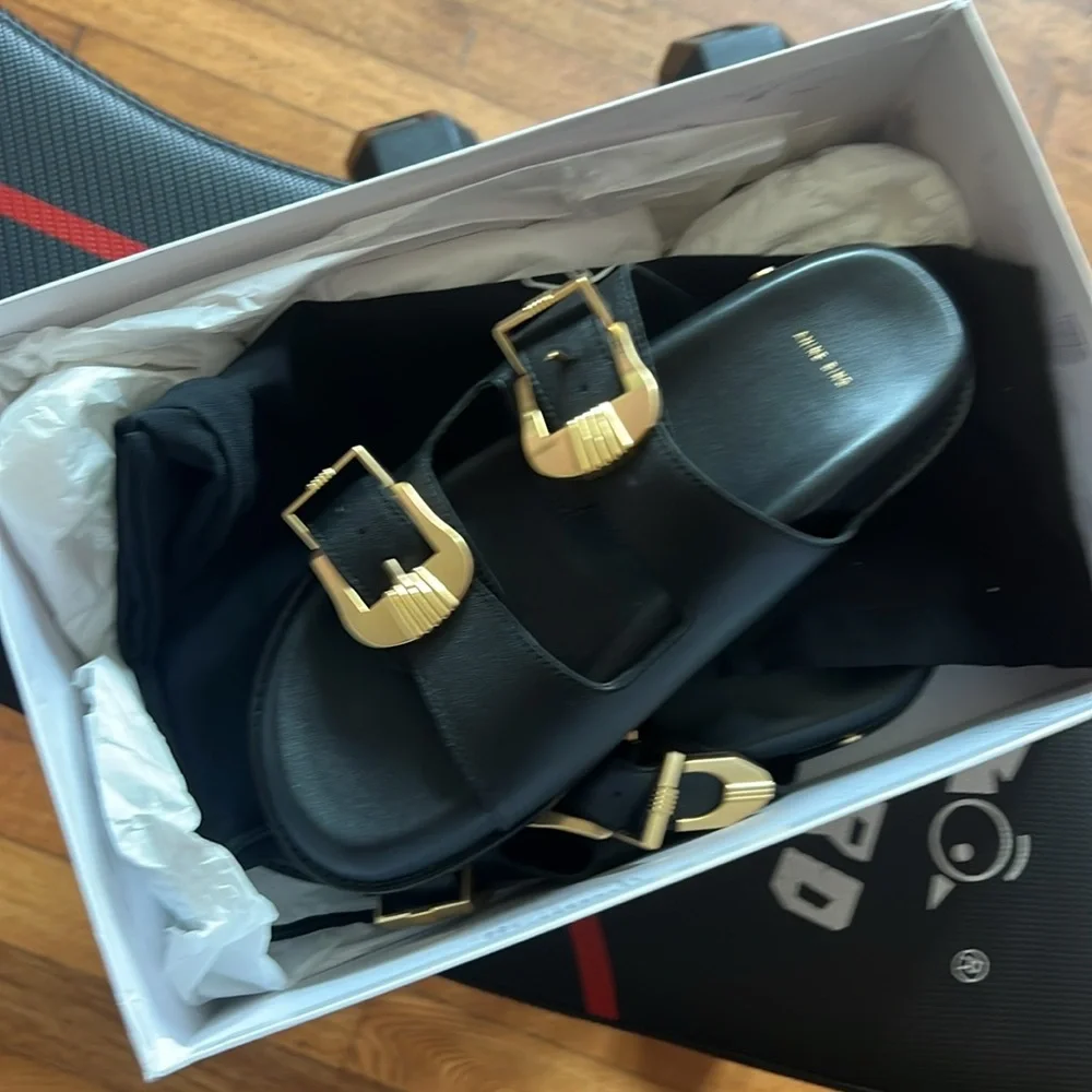 Anine Bing Fabulous Black Sandals with Gold Buckles - Picture 2 of 6
